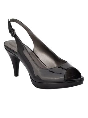 Y2K Bandolino Solid Black Shiny Open Toe Classic Strappy Kitten Heels